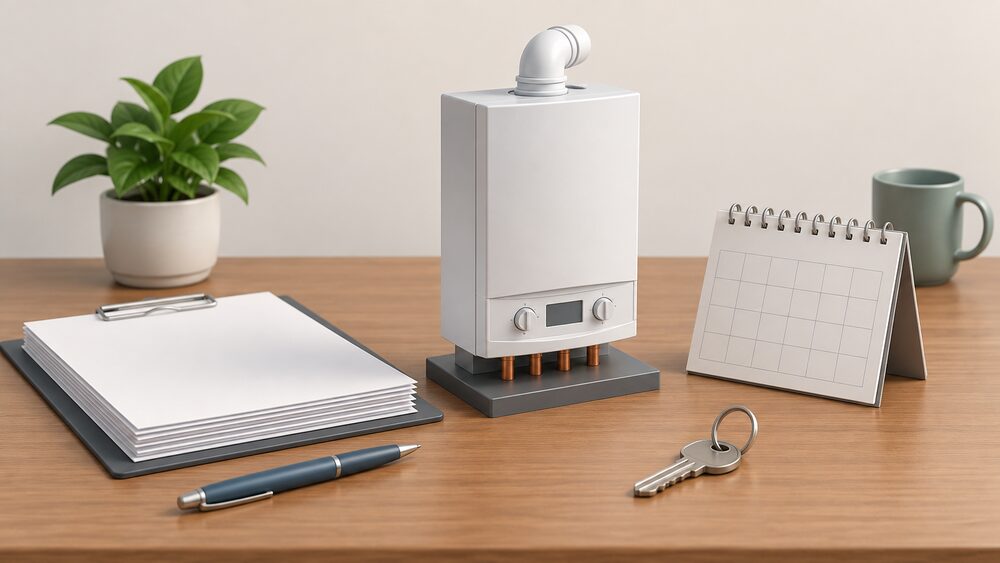 A small model of a wall-hung gas boiler sits on a wooden table beside a stack of blank official-looking paperwork with a clipboard, a blank desk calendar and a house key, suggesting a householder weighing up policy dates against replacing their existing boiler.