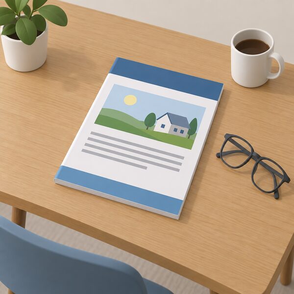 A printed government guidance document lying flat on a wooden table, its cover and pages shown with plain colour bands and blank lines instead of readable text, beside a pair of reading glasses, with no boiler or other equipment in view.