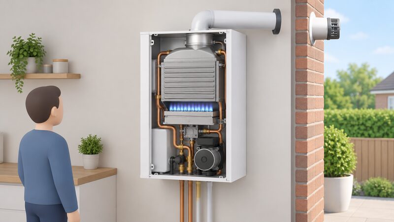 A cutaway view of a white wall-hung gas combi boiler mounted on an interior wall, with its casing opened to reveal the burner below the primary heat exchanger, the circulation pump at the base, and the flue duct passing through the external wall to the outside.