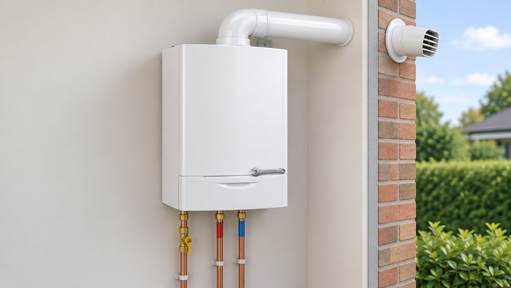 A white wall-mounted condensing gas boiler shown close up, with its round flue terminal passing through the external wall beside it, a copper gas pipe and heating flow and return pipes entering from below, and a small spanner resting on the boiler's lower edge.