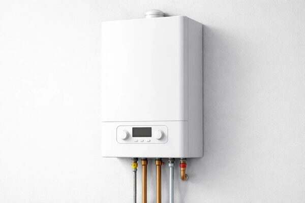 A white wall-mounted gas combi boiler with copper pipework beneath it