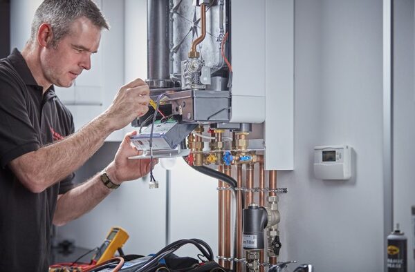 A heating engineer servicing the internal components of a wall-mounted gas combi boiler with copper pipework and a wall thermostat
