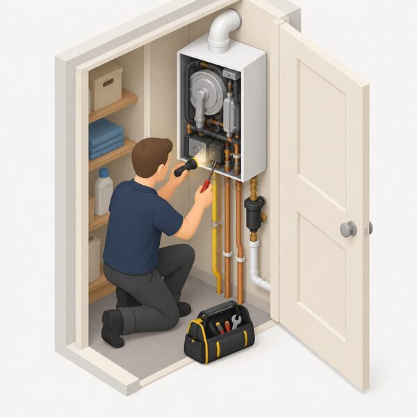A Gas Safe registered engineer kneeling beside a wall-mounted gas boiler with its casing removed, using a torch and tools to inspect the internal components during an annual service in a home airing cupboard.