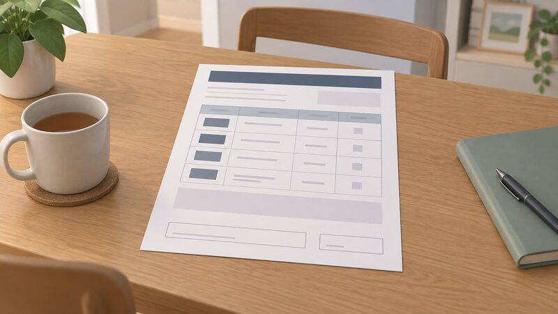 A printed landlord gas safety record lying on a table in a home, shown as a physical sheet with blank lines and plain blocks standing in for each appliance's location, condition and check results, with a signature line and date field left unreadable.