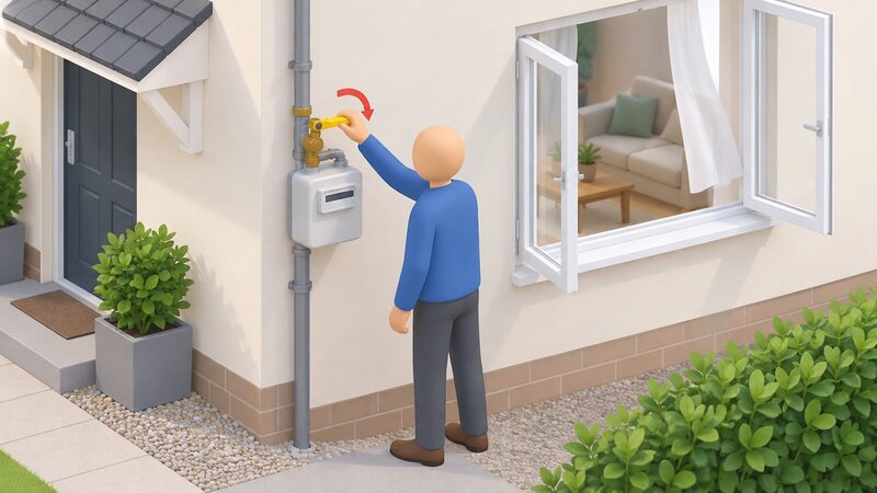 A simplified isometric figure turns the control valve lever at a domestic gas meter mounted on an outside wall, with an open window behind showing the room already ventilated.