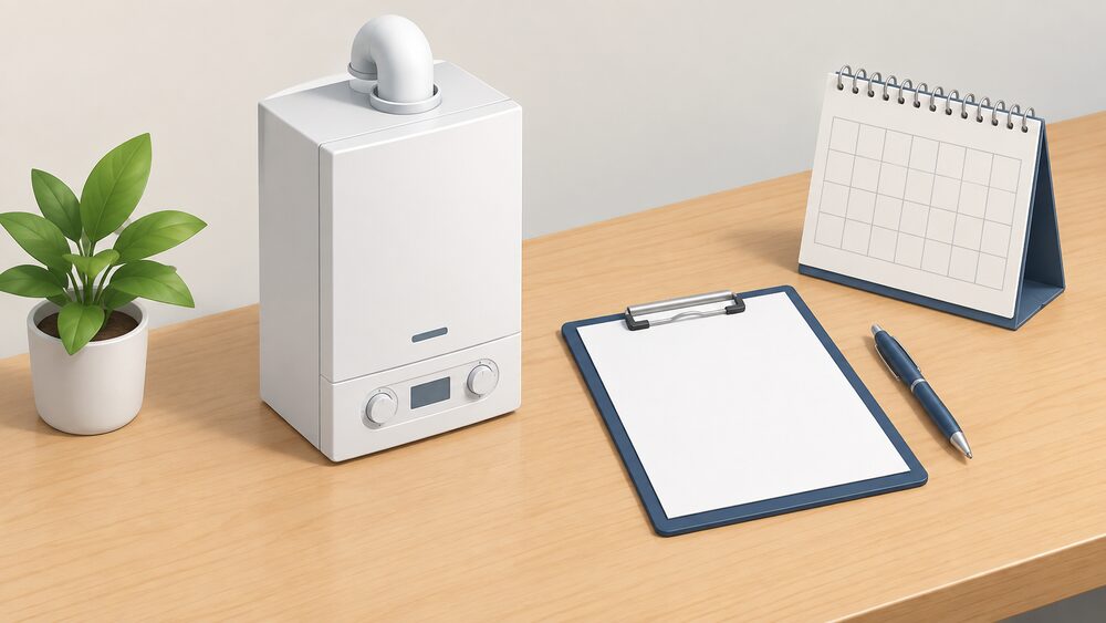 A small model of a domestic gas boiler standing on a table beside a clipboard holding a blank certificate form, a pen, and a wall calendar showing a single year, arranged as the moment an annual gas safety check is recorded.