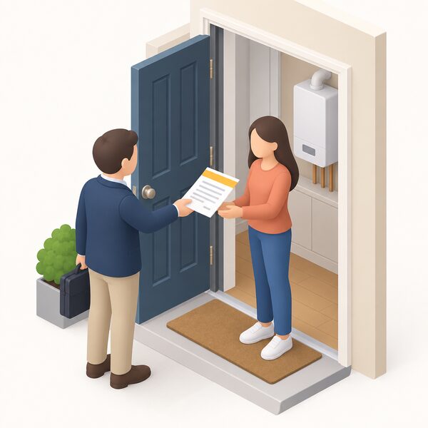 A landlord handing a printed Gas Safety Certificate document to a tenant at the doorway of a rented home, the paper shown as a physical sheet with blank lines and plain colour bands, a gas boiler visible in the background inside the property.