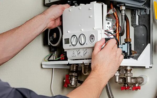 A technician's hands servicing the open front panel of a wall-mounted gas boiler with visible pipework and valves