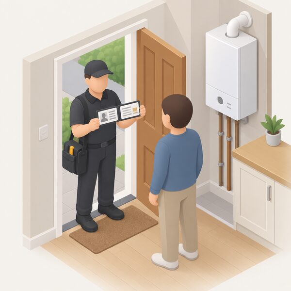 A Gas Safe registered engineer, in plain work clothes, stands at a doorway holding up their ID card with both sides visible to a householder, before beginning work on a domestic gas boiler, the card's photograph, dates, licence number and hologram shown only as blank blocks and lines.