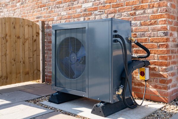 An air source heat pump unit installed outside a brick house next to a wooden garden gate
