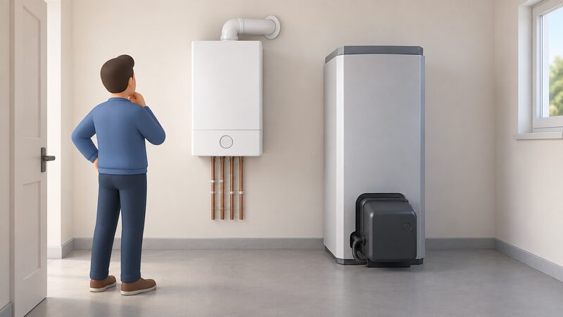 A side-by-side comparison scene in a utility room: a wall-mounted white gas combi boiler on the left with its flue through the wall, and beside it a floor-standing oil-fired boiler with its burner unit at the base, both plain and unbranded so the two appliance types read clearly.