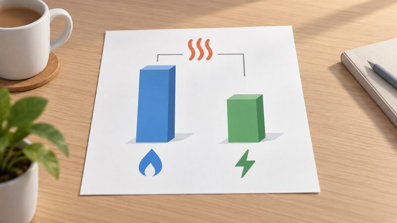 A printed comparison chart lying on a table showing two plain bar columns, one for gas units and one for electricity units, both rising to deliver the same heat output, with the electricity bar shorter to show its higher conversion efficiency and no readable figures.