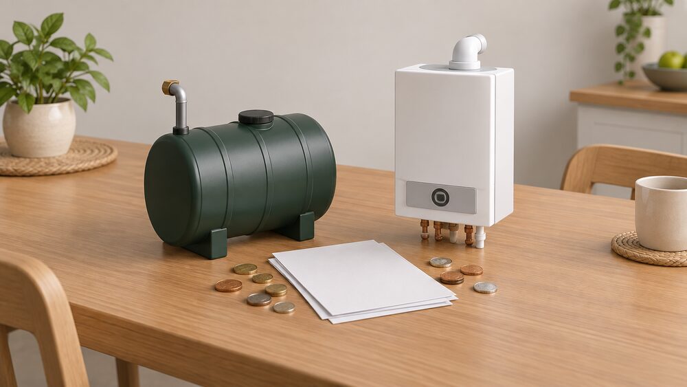 On a kitchen table, a small model of an outdoor oil tank with its fill pipe stands beside a small model of a wall-hung gas combi boiler, with a scatter of coins and blank paperwork between them.