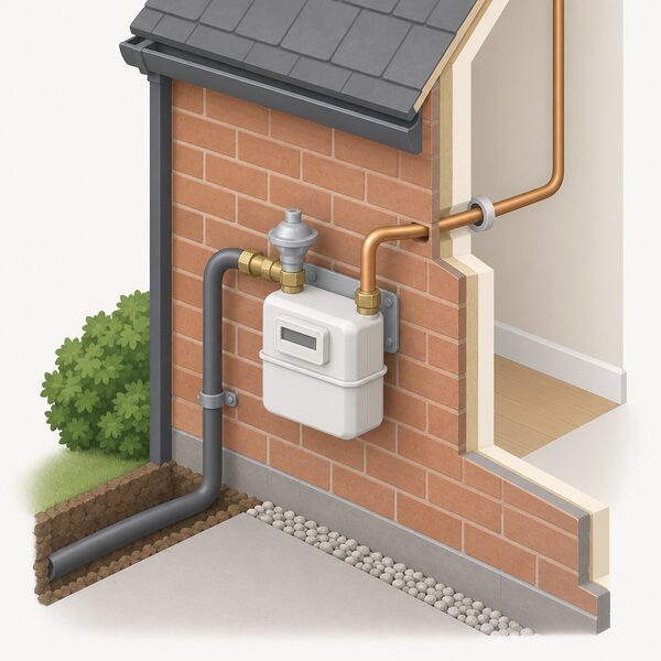 A domestic gas meter mounted on an outside wall of a house, with the inlet pipe from the mains gas supply entering the meter and an outlet pipe carrying gas onward into the building, shown as a simple cutaway isometric view.