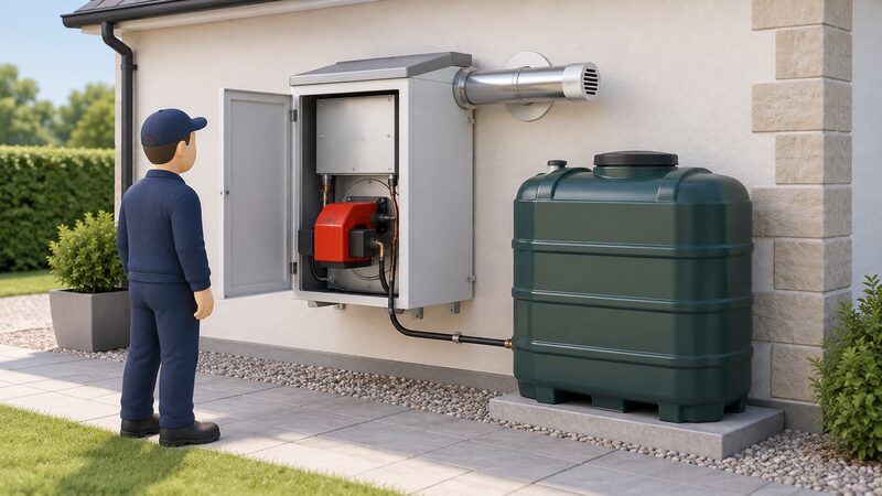An outdoor oil-fired combi boiler on an outside house wall, its hinged front open to show the burner inside, a balanced flue through the wall above it, and a plastic heating oil tank standing adjacent on a base with a fuel line running to the boiler.