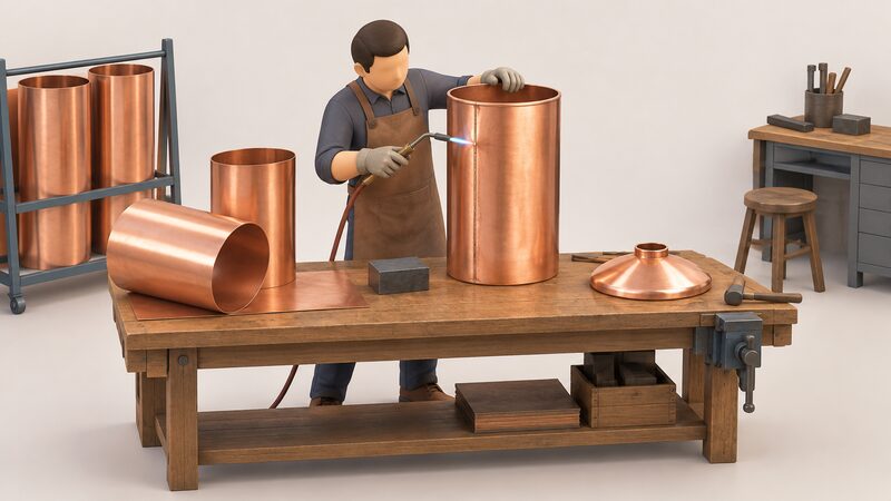 A coppersmith at a workshop bench hand-brazes a copper hot water cylinder body with a handheld torch, beside rolled copper sections and a partly formed spun top, in a craft manufacturing setting rather than a production line.