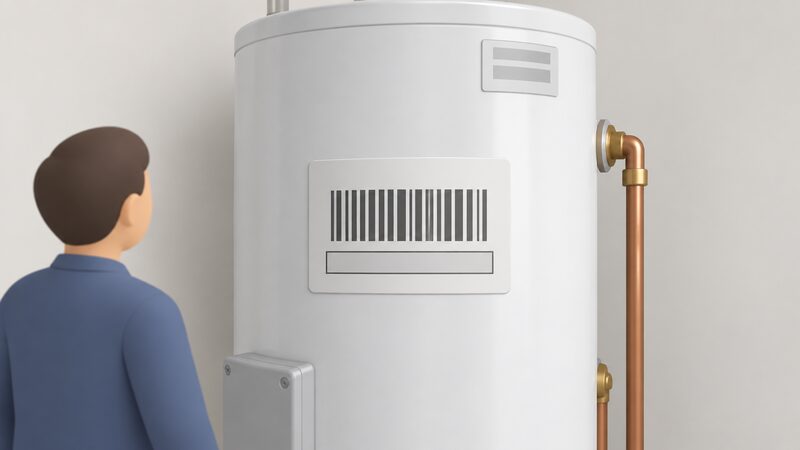 A close-up view of a white unvented cylinder with a data label stuck to its surface, the label showing a plain bar code with a blank line block beneath it where the serial number sits, and a second smaller plain label visible near the top of the appliance.