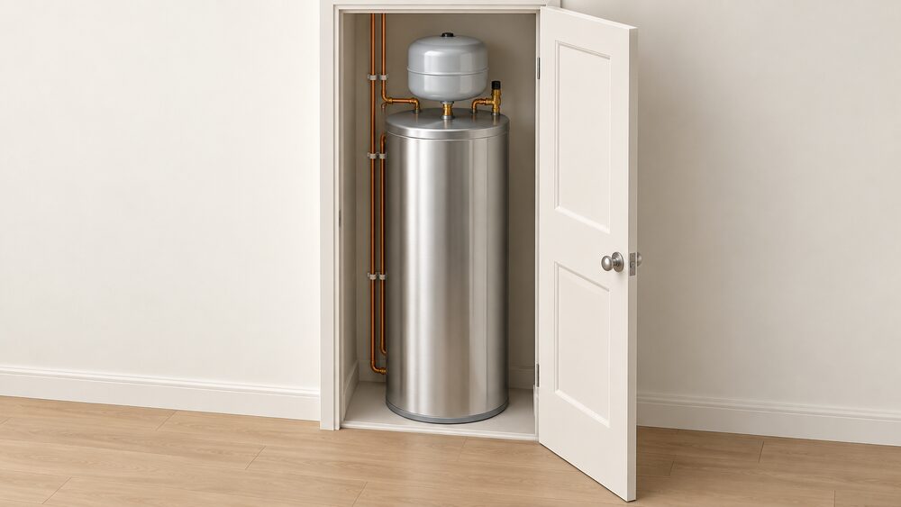 A stainless steel PulsaCoil thermal store standing in a flat airing cupboard, its circular feed and expansion tank on top, with the cupboard door open and no external expansion vessel beside it.
