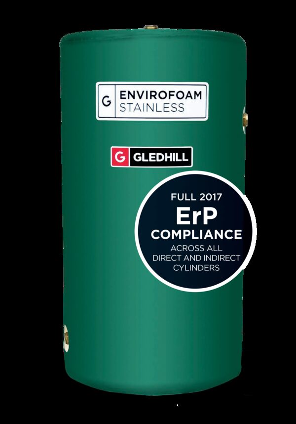 A green Gledhill Envirofoam stainless steel hot water cylinder with ErP compliance badge
