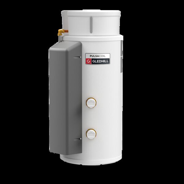 A white Gledhill PulsaCoil stainless hot water cylinder product photo on a plain background