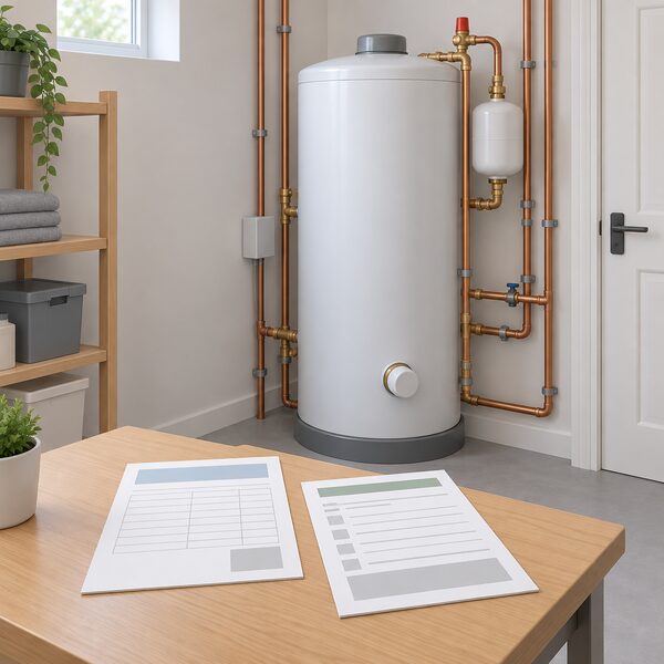 A completed installation commissioning certificate and annual service record shown as physical paperwork lying on a table beside an installed unvented hot water cylinder, with blank lines and plain blocks standing in for all written content.