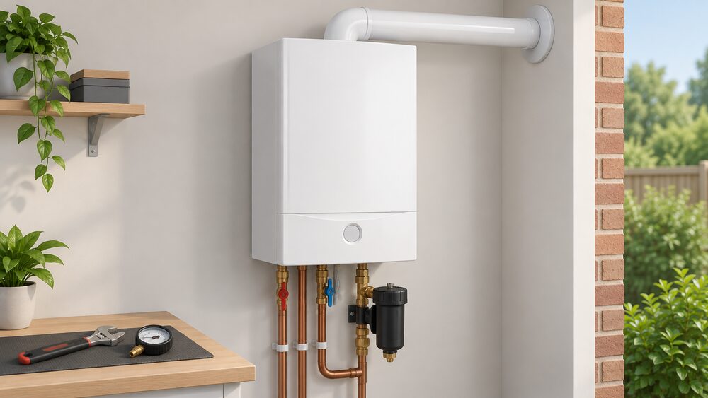 A white wall-mounted gas combi boiler seen close up in a home, with its horizontal flue pipe passing through the external wall behind it, a magnetic system filter on the pipework below, and a Gas Safe engineer's spanner and pressure gauge resting nearby.