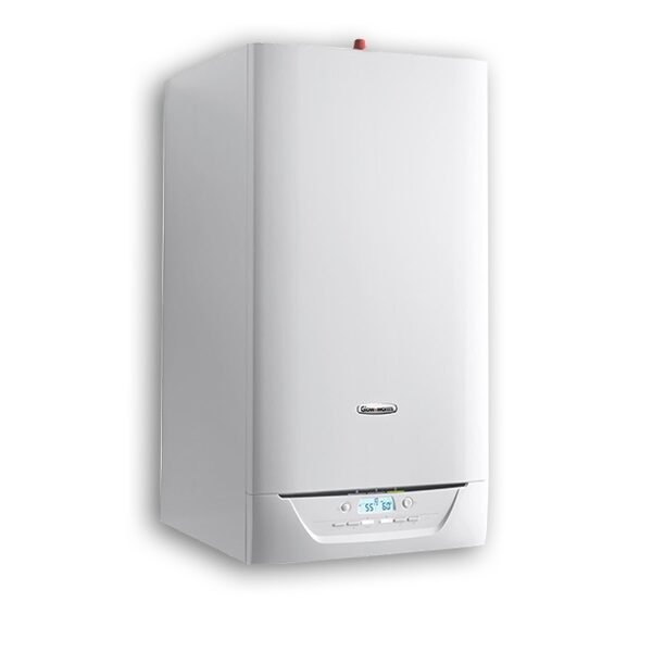 A white wall-mounted Glow-worm storage combi boiler shown against a plain white background