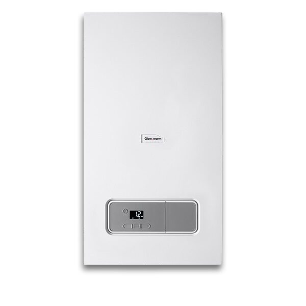 A white Glow-warm wall-mounted combi gas boiler with a digital display control panel on a plain background