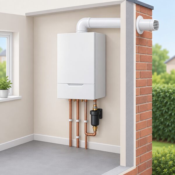 A wall-mounted white combi boiler shown as a supply-only item, with its horizontal flue passing through the outside wall and a magnetic system filter fitted on the pipework beside it, no installation work in progress.