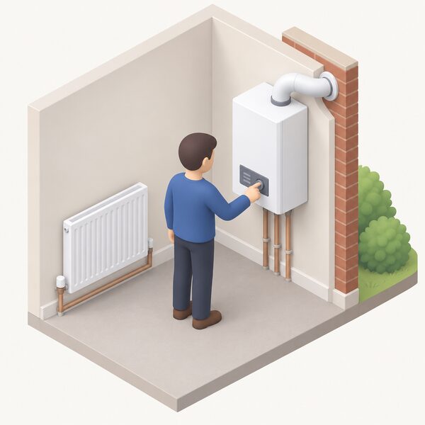 A simplified isometric figure stands at a wall-mounted Glow-Worm condensing boiler, one hand adjusting the flow temperature control on the boiler's front panel, with a radiator on the wall nearby and the flue passing through the external wall.
