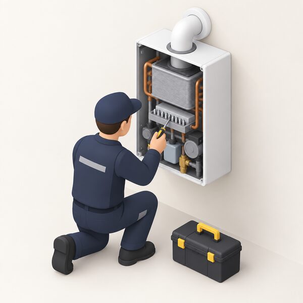 A Gas Safe registered engineer, shown as a small isometric figure with a toolbox, kneels beside a wall-mounted gas boiler with its front casing removed, inspecting key internal parts such as the burner, heat exchanger and flue connection during a routine service.