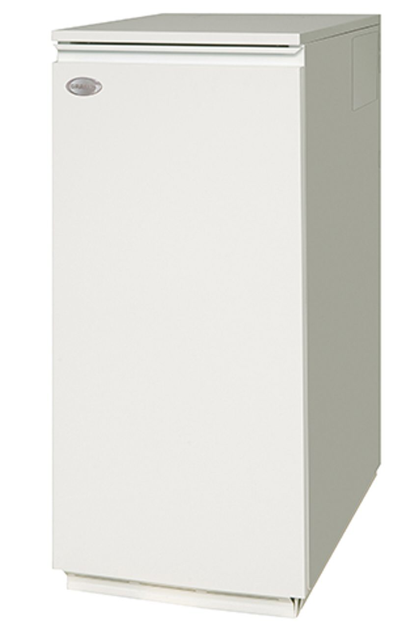 A white Grant Vortex Pro internal oil-fired boiler cabinet shown against a plain background