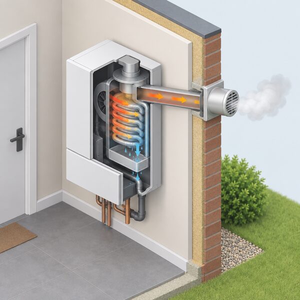 A cutaway isometric view of a condensing oil boiler mounted indoors against an outside wall, with its flue pipe passing horizontally through the wall and terminating outside, where a small plume of exhaust gases escapes, while the internal heat exchanger shows heat being drawn from the flue gases.
