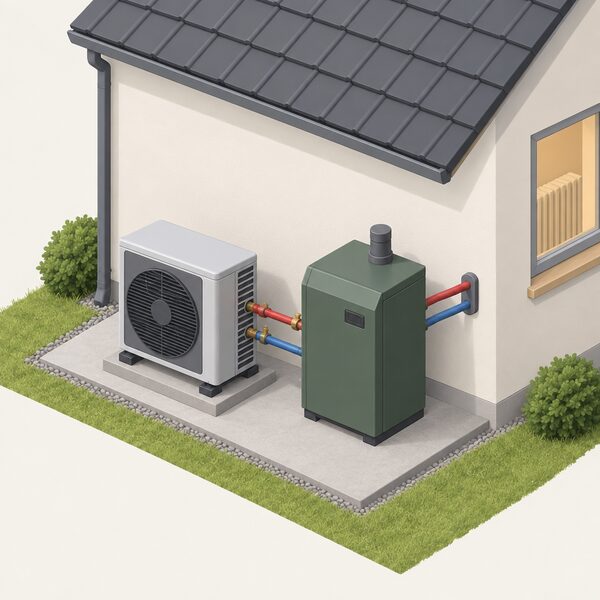 An isometric view of an outdoor installation against an exterior house wall, showing an oil boiler unit and a heat pump unit standing side by side on the ground outside the building, with pipework connecting the heat pump directly to the boiler and the heating system running from the boiler into the wall.