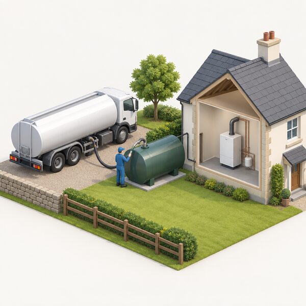 A road tanker parked outside a rural home pumps heating oil through a hose into the outdoor oil storage tank, while a small figure supervises the delivery, showing fuel stored on site so the house can run for weeks without a gas connection.