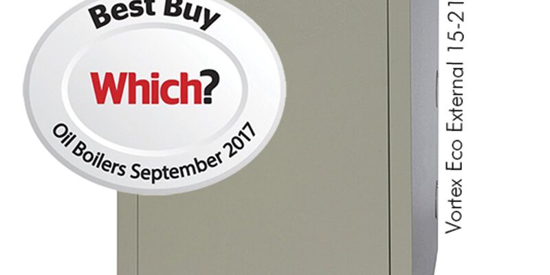 A grey Grant Vortex Eco external oil boiler with a Which? Best Buy Oil Boilers September 2017 award badge overlaid on the image