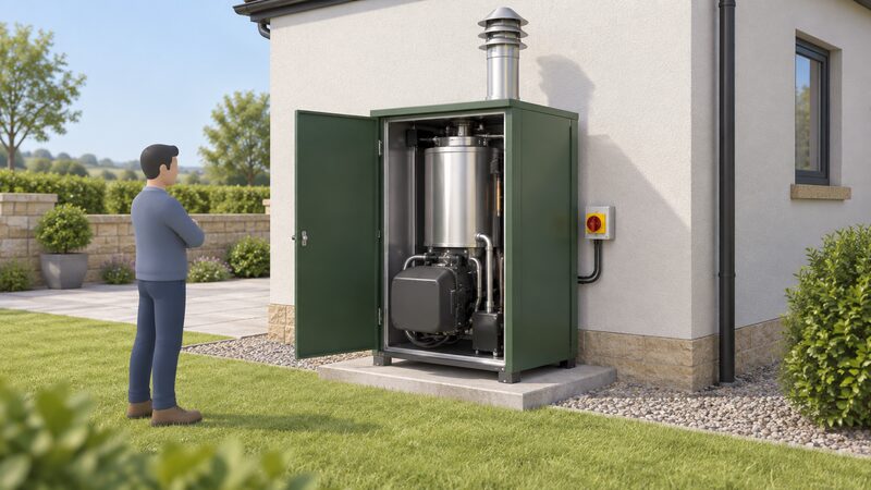 An outdoor oil boiler unit sited against an exterior house wall with its casing panel open, revealing the stainless steel heat exchanger and the low NOx burner inside, with its flue terminal and mains isolating switch visible on the unit.