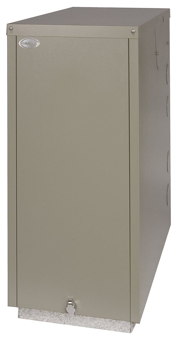 A Grant external oil-fired boiler, a tall beige metal cabinet unit shown against a white background