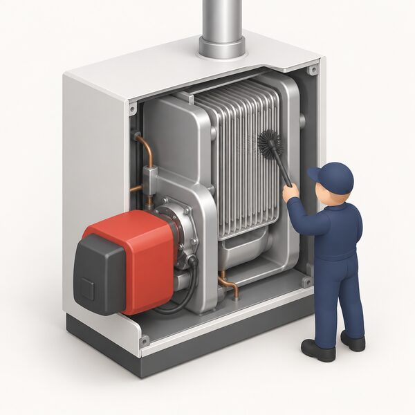 A cutaway view of a condensing oil boiler showing its clean finned heat exchanger beside the burner, with a small isometric figure of a service technician holding a brush inspecting the spotless flue-gas surfaces during an annual service.