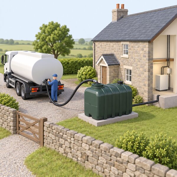 A plastic domestic heating oil tank on a slab beside a rural house, with a delivery tanker hose connected to its fill point, showing bulk oil stored on site before it feeds the oil boiler.
