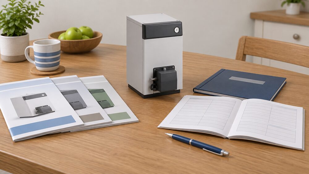 A small model of a floor standing oil-fired boiler sits on a kitchen table beside a blank commissioning record booklet, a closed service book, a pen and a set of engineer's documents, representing the moment a household compares oil boiler makers and paperwork before choosing a replacement.