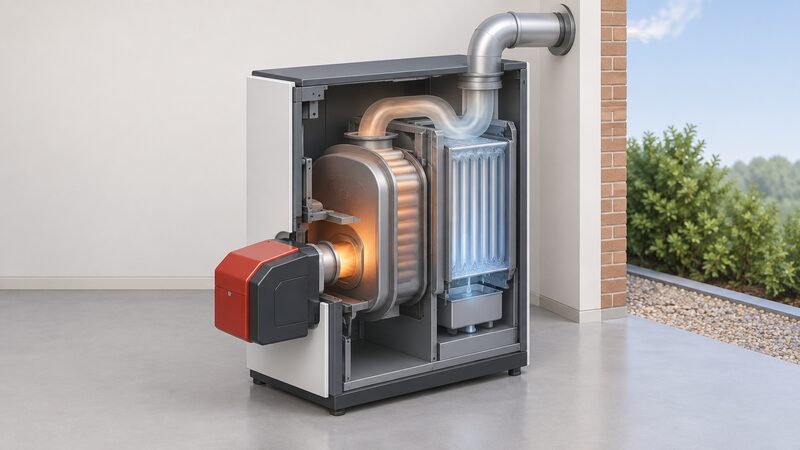 A cutaway diagram of a floor-standing oil-fired condensing boiler showing the burner at the front, the primary heat exchanger behind it, the secondary condensing heat exchanger beyond that, and the flue carrying gases out at the top.