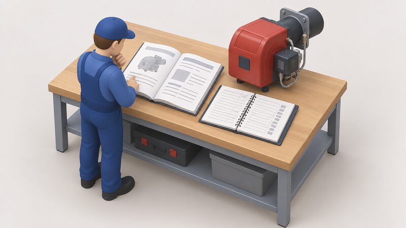 An open oil boiler installation manual and a service record book lie side by side on a workbench next to an oil burner, with a small engineer figure checking the service record entries against the manual's settings pages.