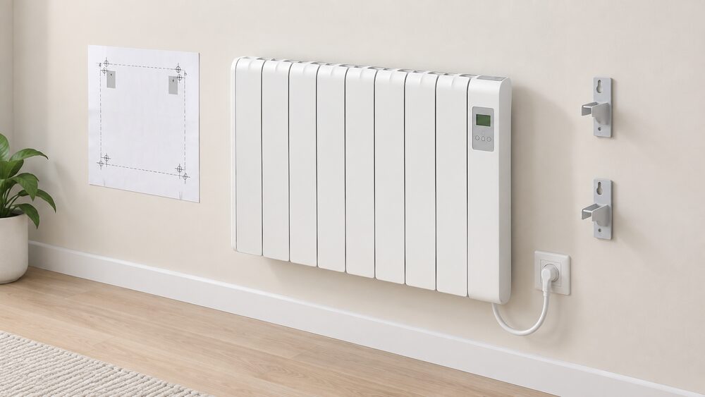 A white aluminium Haverland RCES electric radiator mounted on an interior wall, with its wall fixing brackets, a paper wall template held against the wall beside it, and its power cable emerging from the lower right of the unit, with no pipework or flue anywhere.