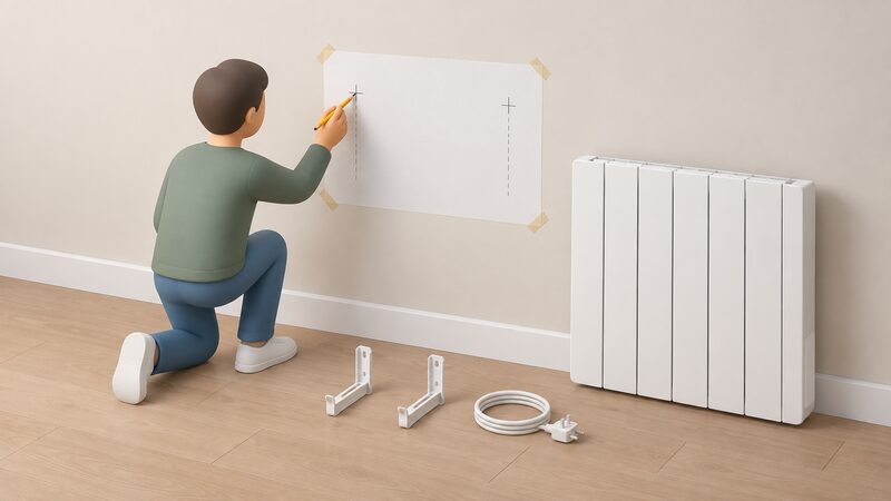 A paper wall template is taped flat to a plain plastered interior wall with the two bracket positions marked on it, a small simplified householder figure holding a pencil ready to mark, and the radiator's wall fixing brackets and power cord lying nearby on the floor.