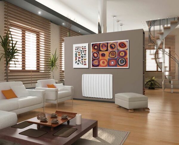 A white Haverland Eco-Rad electric radiator mounted on a wall in a modern living room