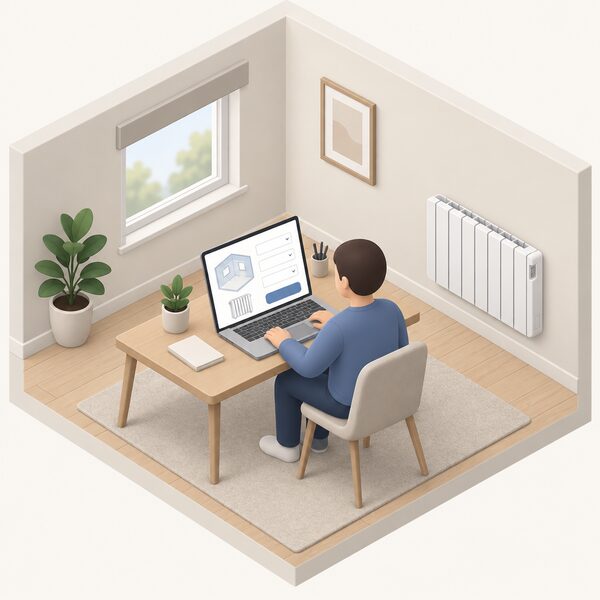 A simplified isometric figure sits at a desk using a laptop whose screen shows a plain radiator sizing calculator with blank fields and simple blocks, while a Haverland-style electric radiator stands in the sketched room beside them.