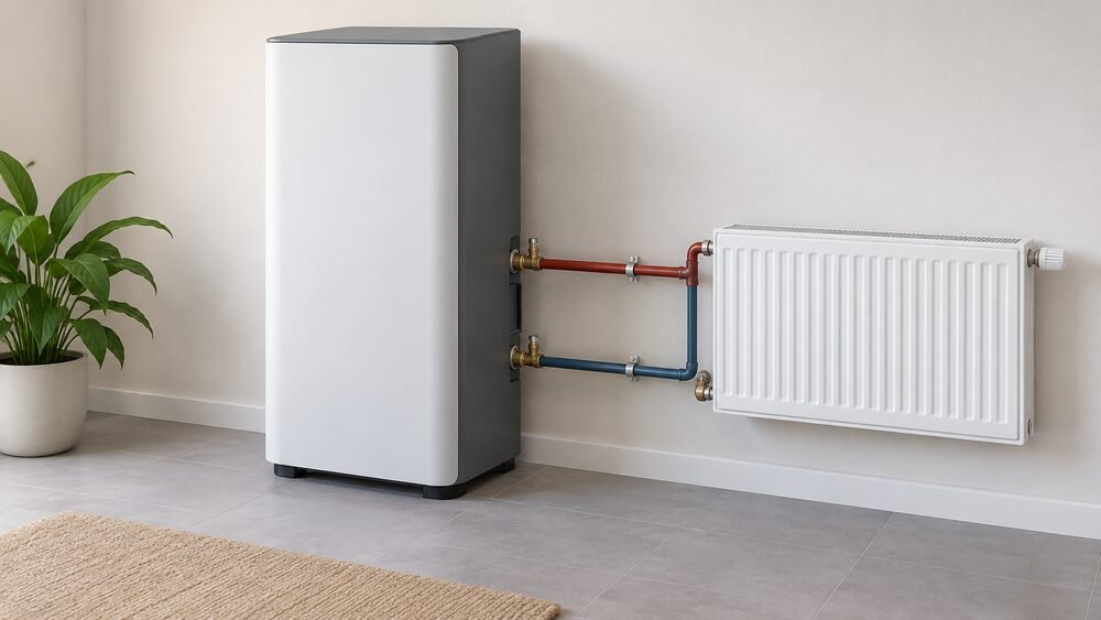 A close-up of a wall-standing heat battery unit, a tall insulated cabinet with connection pipes running from its heat exchanger to an ordinary household radiator beside it, with no flue or gas pipe anywhere in the scene.