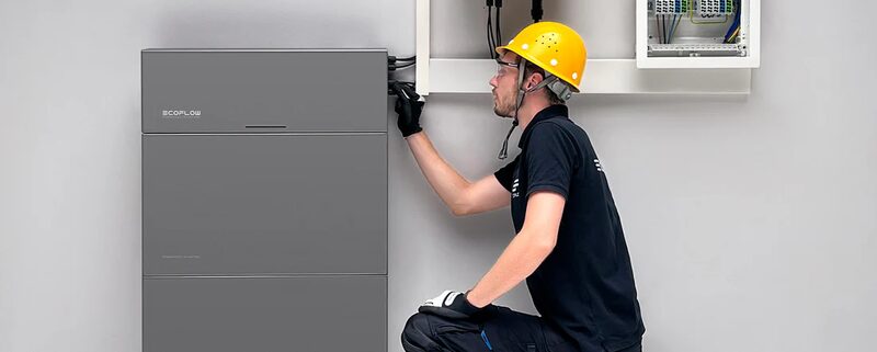 An installer in a yellow hard hat connecting a grey Ecolus home battery mounted on a wall next to a consumer unit
