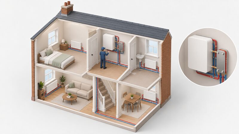 A cutaway interior of a small terraced home showing a wall-mounted electric heat battery unit connected through a heat exchanger to pipework feeding ordinary radiators, with a simplified isometric figure inspecting the connections.